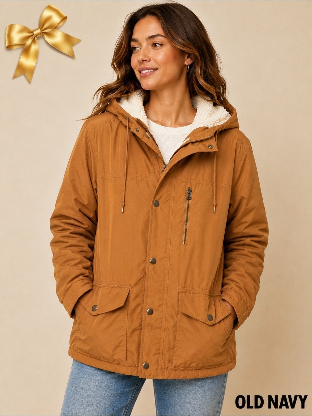 Old Navy Sherpa Lined Hooded Utility Jacket Bronze Large Unisex